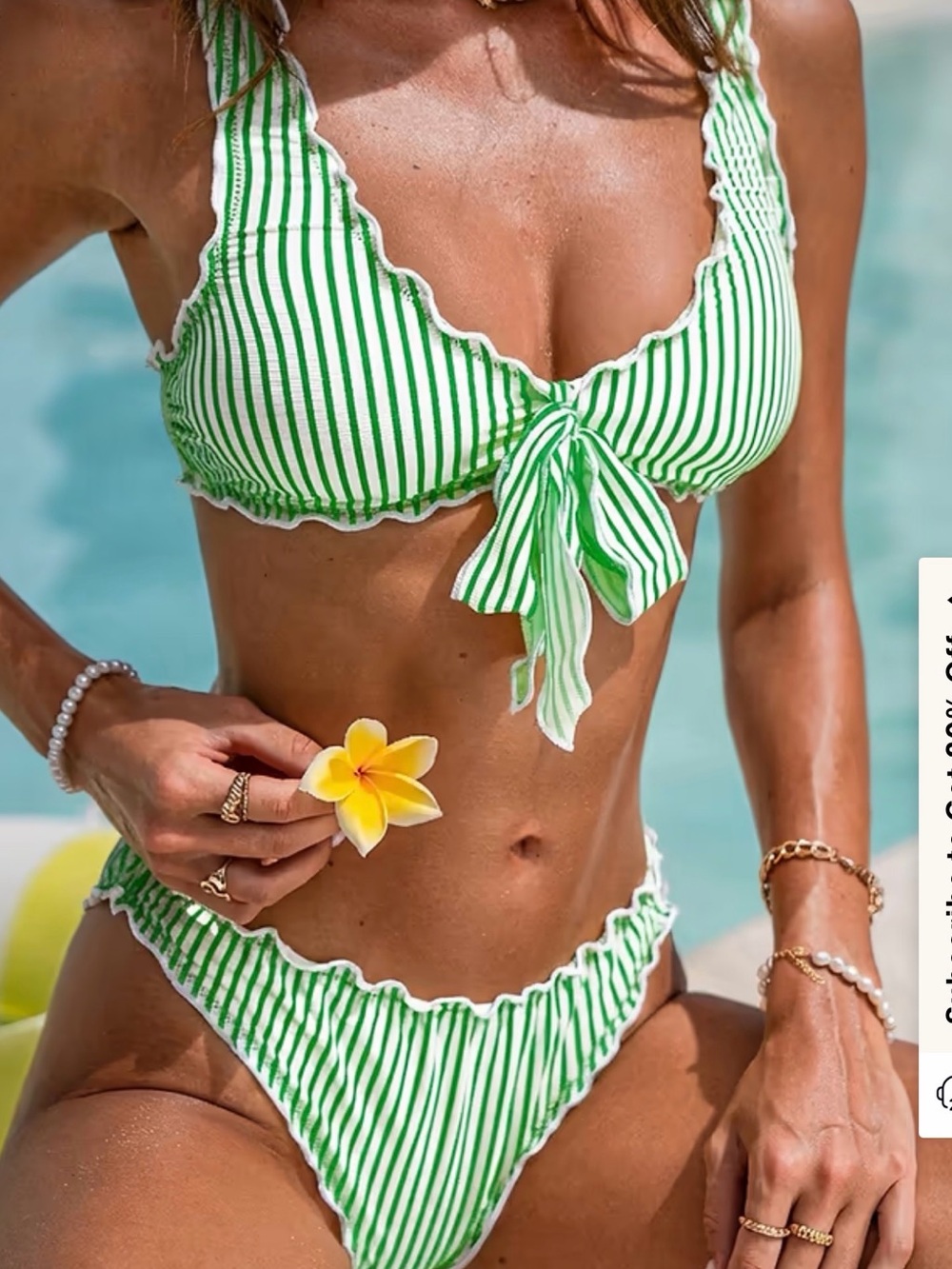 Cupshe Sun Picnic Green and White Striped Ruffle Bikini Set